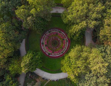 Top down aerial look to square in south park in Wroclaw