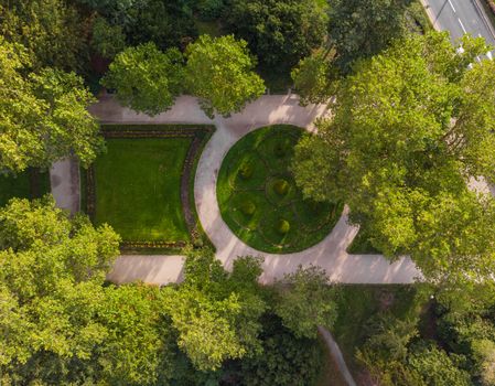 Top down aerial look to square in south park in Wroclaw