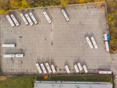 Aerial top down look to parking for buses