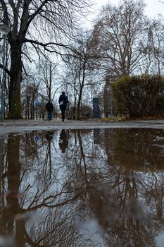 People walking in small park reflected in puddle of water