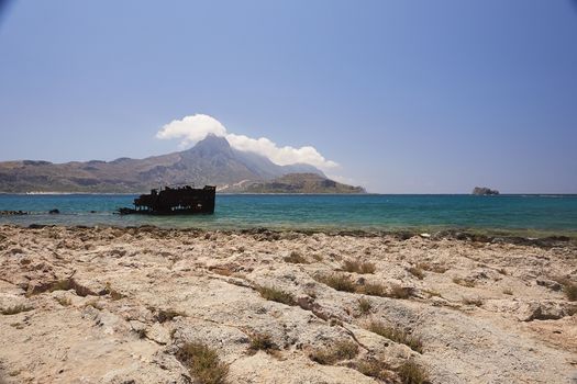 GRAMVOUSA - BALOS, THE CRETE ISLAND, GREECE - JUNE 4, 2019: Beautiful seaview at the Balos island.