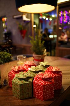 boxes with New Year's gifts at the Christmas party.