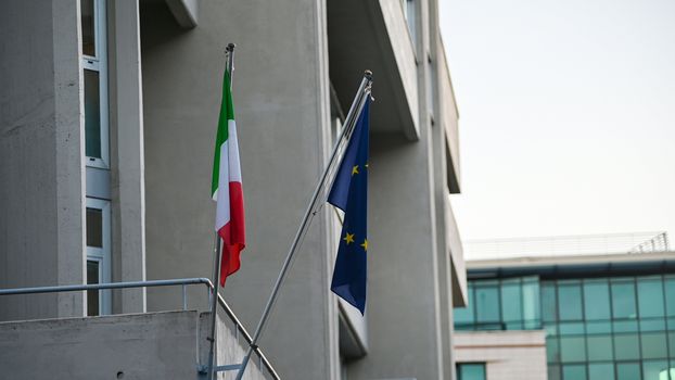 terni,italy november 17 2020:flags of italy and european communion at the court