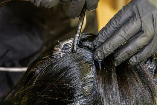 At-home hair coloring styling with a solid level of black paint mix coverage, using a brush on the hair roots.