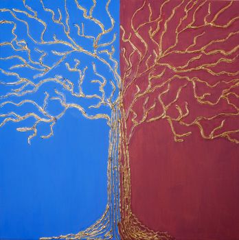 silhouette of golden tree on blue and red background. Painting of a beautiful abstract painting with golden foil and acrylic paint. Concept of wealth. real art