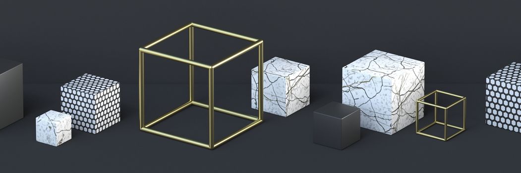 Abstract background golden wire, white marble and triangle pattern cubes 3D render illustration on black background