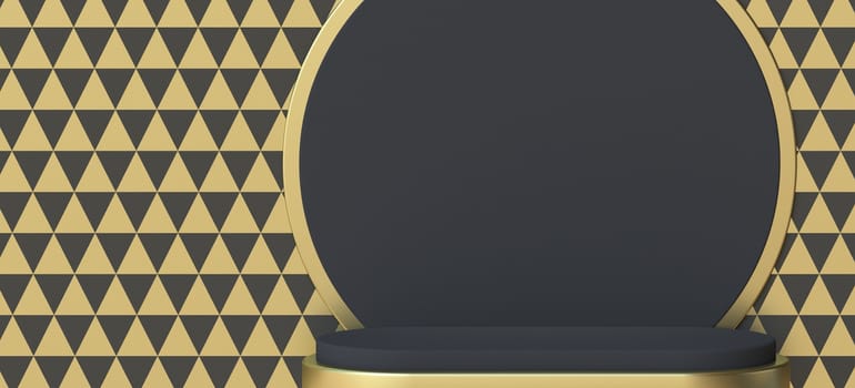 Abstract background black circle with golden frame 3D render illustration on black and golden triangles pattern background