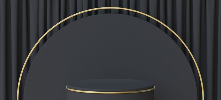 Abstract background black podium with golden border 3D render illustration on black background
