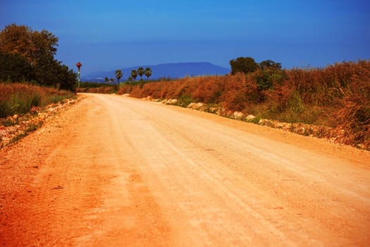 Country road with meadows and the blue sky.