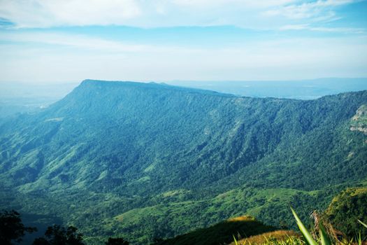 Green mountains with the blue sky in winter.