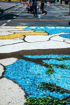 Preparation of floral carpets in the Holy Week or Easter Week in Lima - Peru