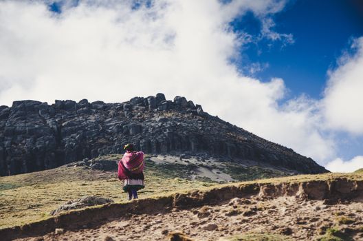Lone peruvian woman walking in south american Andes