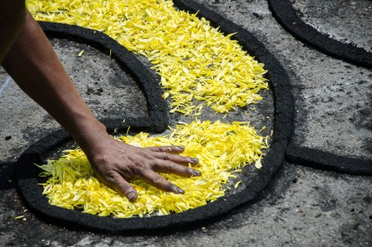 Preparation of floral carpets in the Holy Week or Easter Week in Lima - Peru