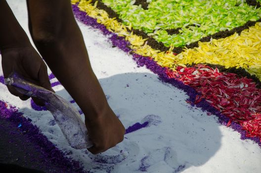 Preparation of floral carpets in the Holy Week or Easter Week in Lima - Peru