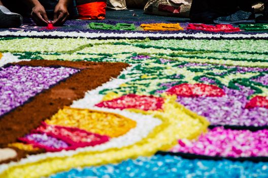 Preparation of floral carpets in the Holy Week or Easter Week in Lima - Peru