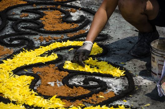 Preparation of floral carpets in the Holy Week or Easter Week in Lima - Peru