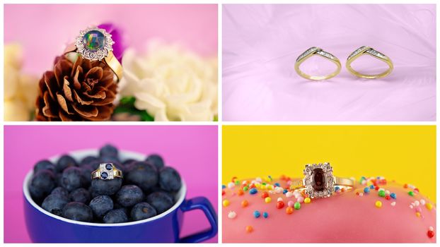Collage of four images of rings including diamonds, opal, sapphire and garnet