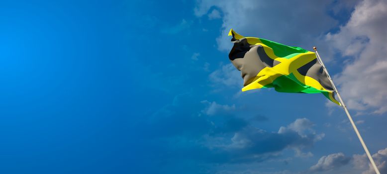 Beautiful national state flag of Jamaica with blank space on wide background with place for text 3D artwork.