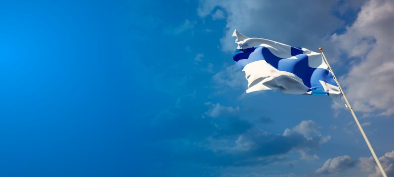 Beautiful national state flag of Finland with blank space on wide background with place for text 3D artwork.