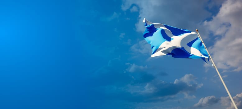 Beautiful national state flag of Scotland with blank space on wide background with place for text 3D artwork.