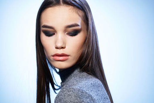 Beautiful brunette elegant style bright makeup luxury attractive look Studio. High quality photo