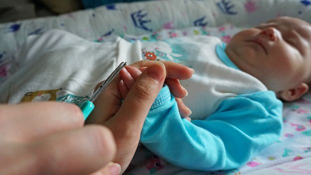 A newborn child's nails are cut with special baby scissors. An adult hand holds a small child's hand. Carefully, the mother cuts her daughter's nails. A child in a cocoon, home environment. Trust.