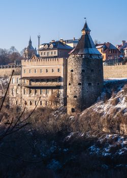 Kamianets-Podilskyi, Ukraine 01.07.2020. Potter tower of the Kamianets-Podilskyi fortress in the early winter morning