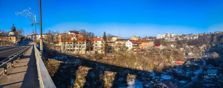 Kamianets-Podilskyi, Ukraine 01.07.2020. Novoplanovsky bridge over the Smotrytsky canyon in Kamianets-Podilskyi on a sunny winter morning