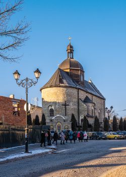 Kamianets-Podilskyi, Ukraine 01.07.2020. Trinity Church in Kamianets-Podilskyi historical centre on a sunny christmas winter morning