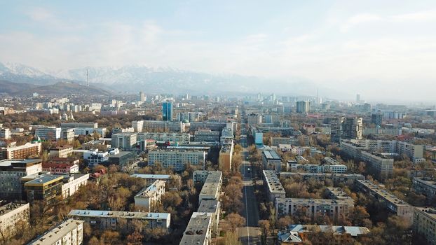 Spring city of Almaty during the quarantine period. Few people on the street, almost no cars. Transport is not running, and a strict quarantine has been imposed. Yellow trees without leaves.