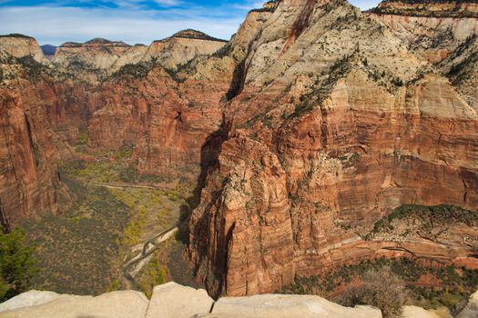 Zion National Park in Utah, view from Angels Landing. Travel and Tourism.