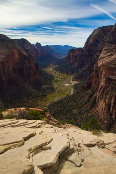 Zion National Park in Utah, view from Angels Landing. Travel and Tourism. Vertical.