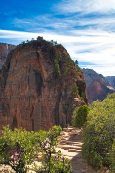 Hiking trail at Angels Landing in Zion national park, Utah, USA. Travel and tourism.