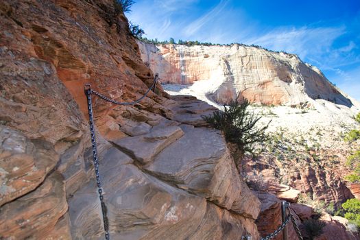Hiking trail at Angels Landing in Zion national park, Utah, USA. Travel and tourism.