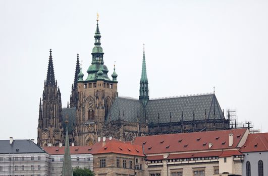 Prague, Czech Republic on july 8, 2020; Prague cityscape. Skyline on a rainy day, focus on the cathedral
