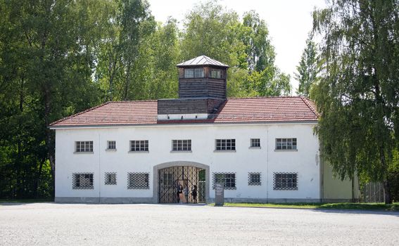 Dachau, Germany - July 13, 2020: Entrance in Dachau concentration camp, the first Nazi concentration camp opened in Germany