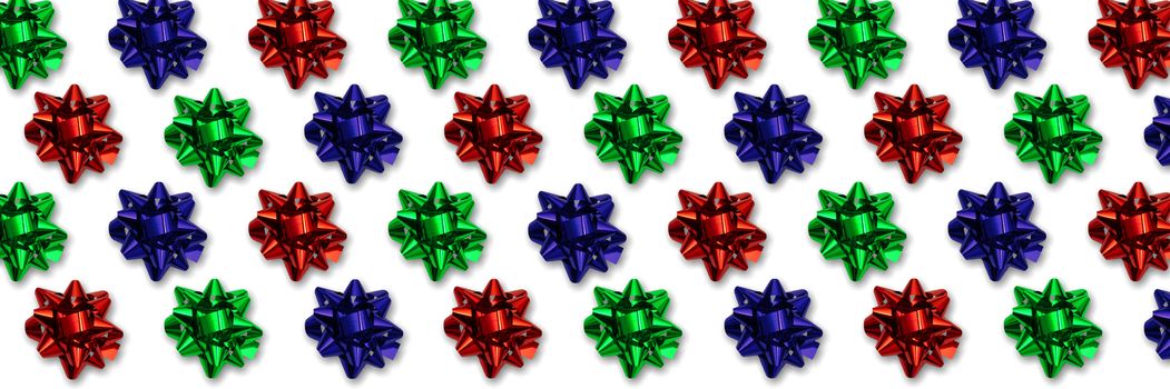 Seamless border strip of colored packing bows. Suitable for holiday wrapping, frames, design cards, greetings, invitations. Christmas gift wrapping.