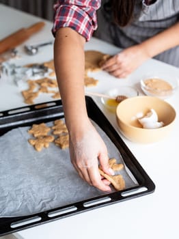 Cooking and baking. woman hands baking cookies at the kitchen