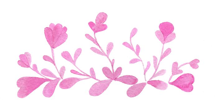 Hand-drawn watercolor flowers and leaves boarder isolated on white background. Wedding or Valentine's template.
