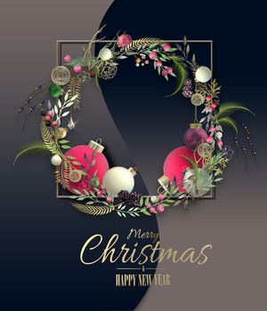 Luxury Christmas holiday design with 3D Xmas symbol floral wreath, realistic Xmas balls baubles, on curve blue background. Golden text Merry Christmas Happy New Year. 3D illustration, holiday card