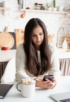 Christmas and New Year. Young brunette woman chatting with friends using her mobile phone at the kitchen