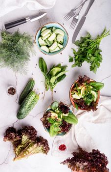 Healthy veggie salad with spinach, red lettuce, cucumbers and greenery top view flat lay