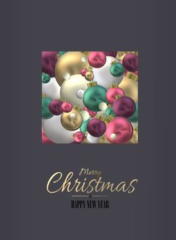 Beautiful Christmas design card with Xmas realistic shiny 3D balls baubles. Shine gold text Merry Christmas Happy New Year. 3D render. Xmas realistic flat lay, above design on grey background