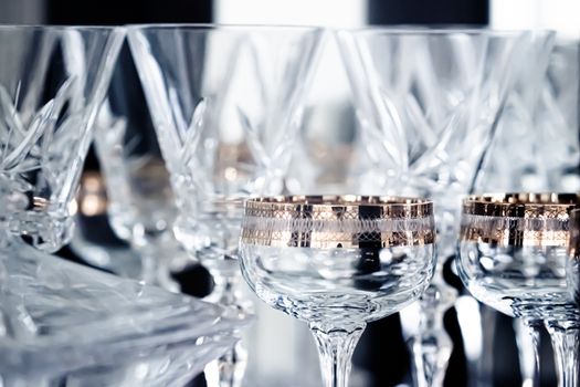 Crystal glasses as luxury table glassware and bohemian glass design, home decor and event decorations