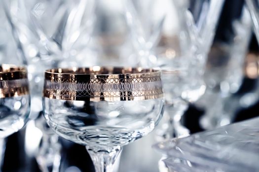 Crystal glasses as luxury table glassware and bohemian glass design, home decor and event decorations