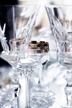 Crystal glasses as luxury table glassware and bohemian glass design, home decor and event decorations