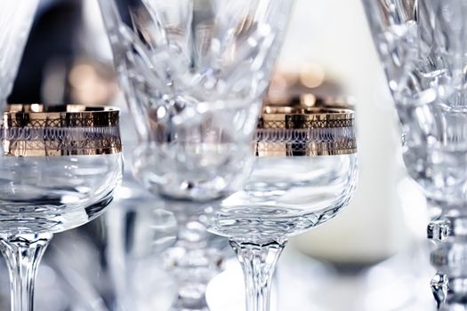 Crystal glasses as luxury table glassware and bohemian glass design, home decor and event decorations