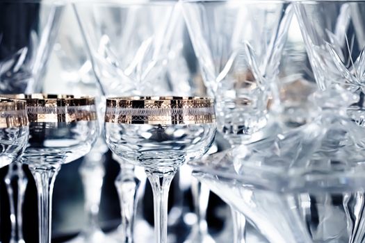 Crystal glasses as luxury table glassware and bohemian glass design, home decor and event decorations