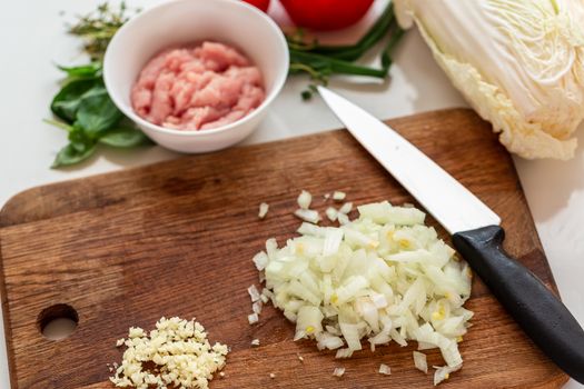 Cooking cabbage rolls with chicken mince at home. Slicing onions and garlic on the wooden board for the dish. How to cook cabbage rolls instructions.