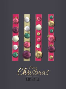 Beautiful Christmas design with 3D realistic balls baubles in pink gold ribbons on dark grey black background. Gold text Merry Christmas Happy New Year. 3D render. Flat lay elegant festive design